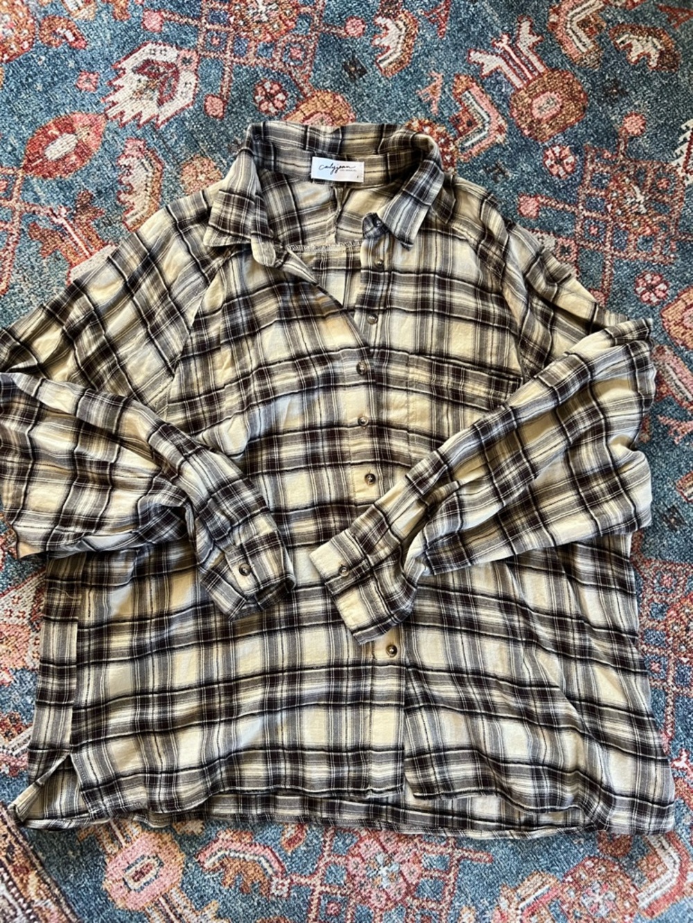 Carly Jean Los Angeles Plaid Button-Down Shirt in Cream & Brown